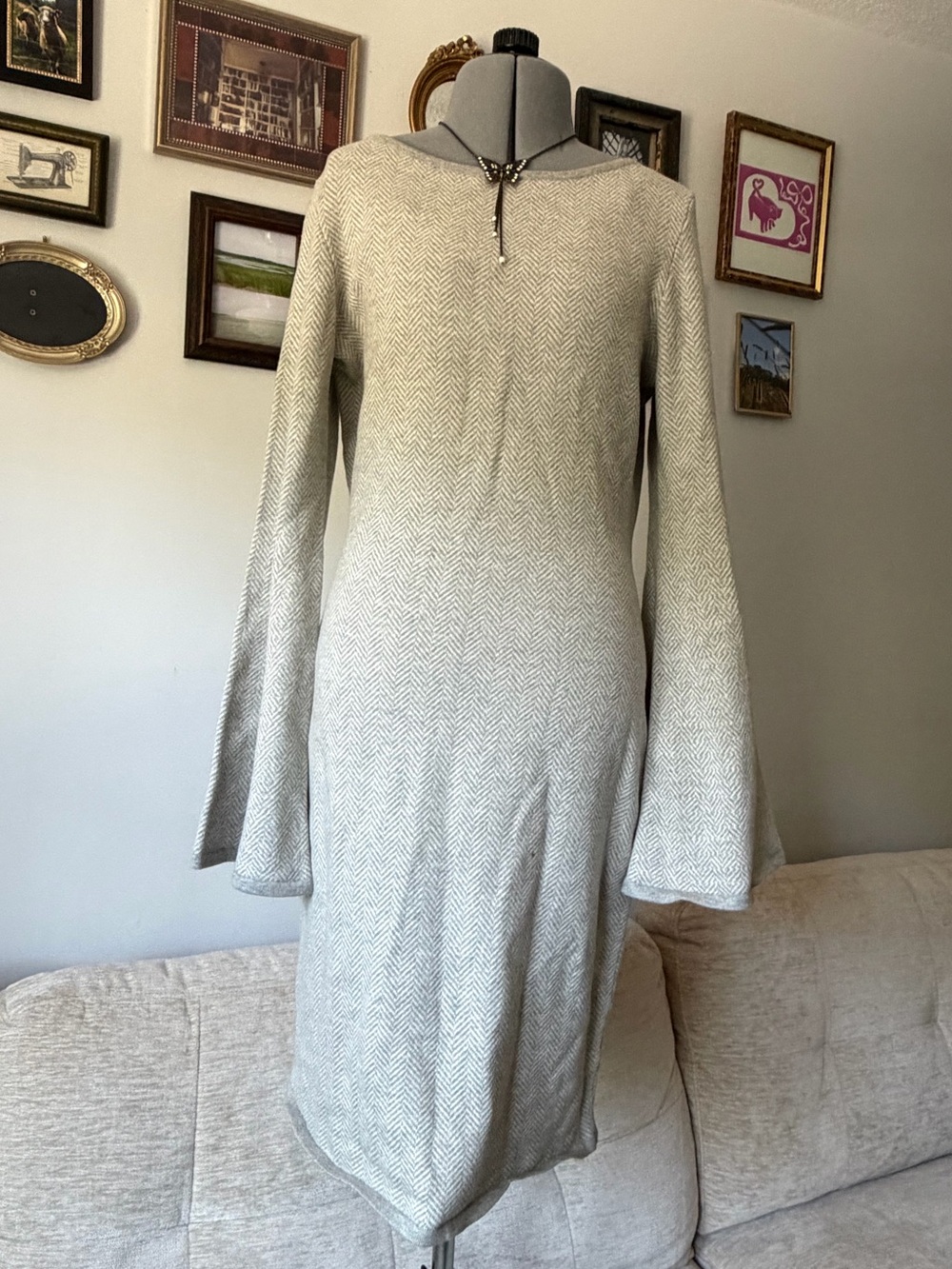 Ralph Lauren Women’s Cream Herringbone Knit Dress - Long Bell Sleeves Size M